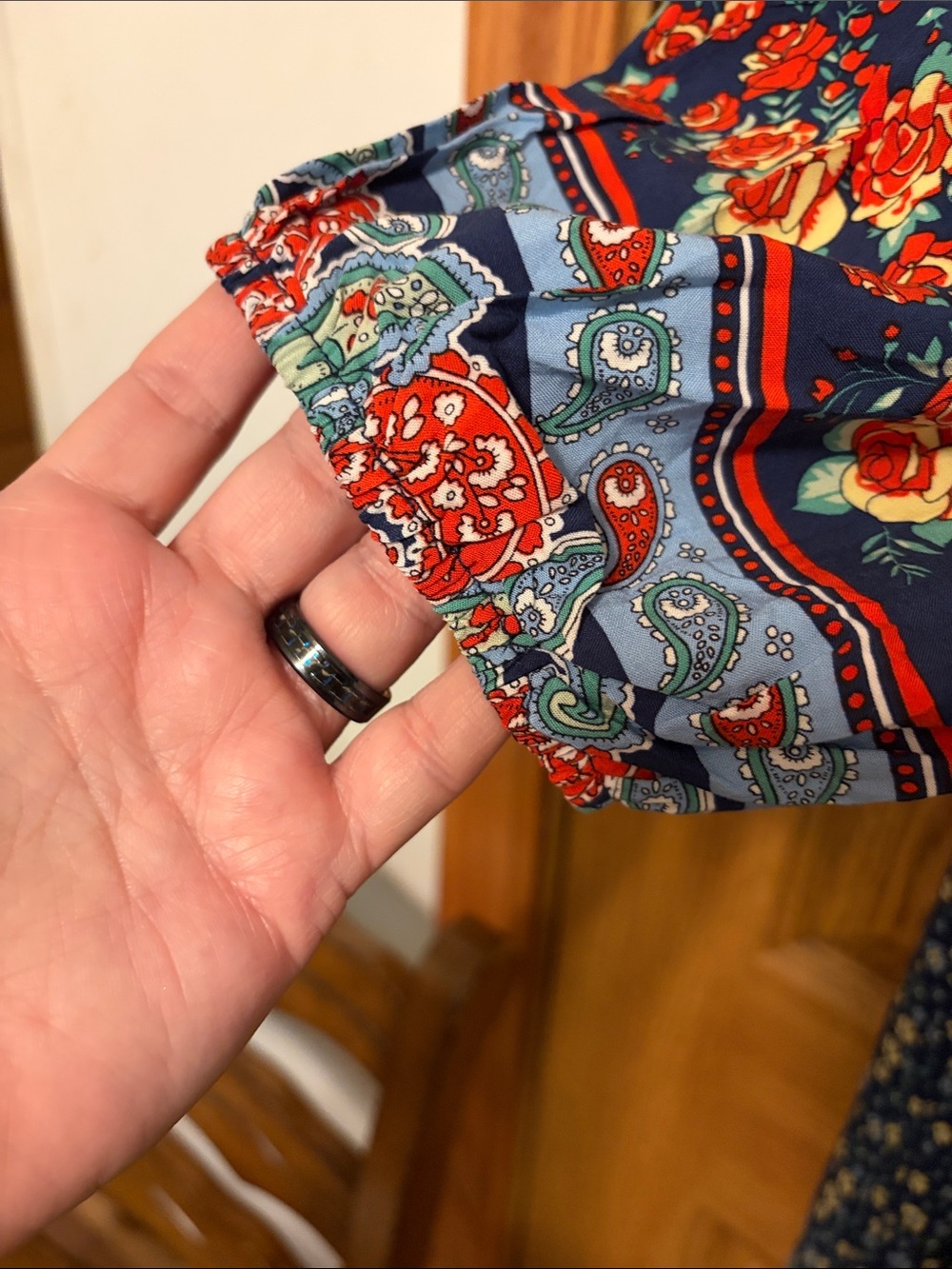 Blue Floral Boho V-Neck Dress with Red Accent - Picture 4 of 8